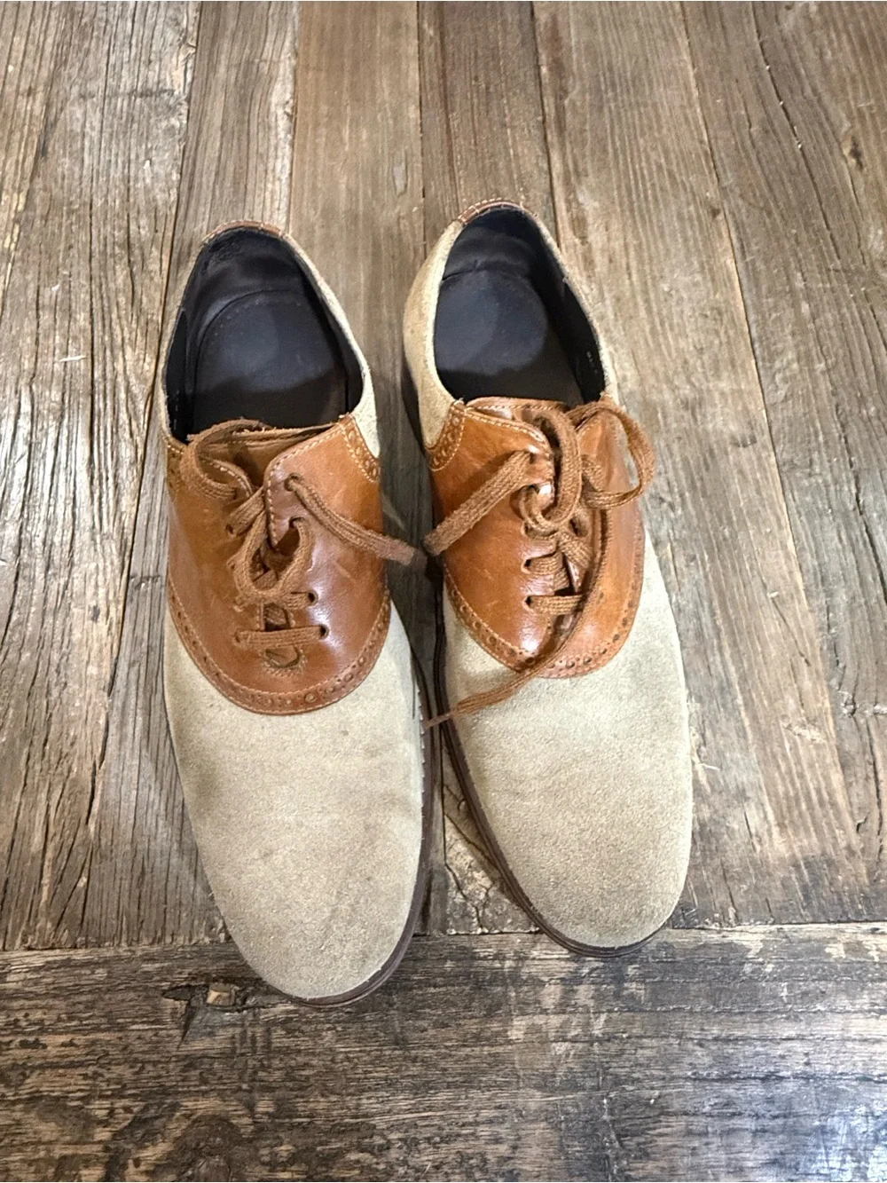 Men's Two-Tone Suede and Saddle Leather Oxford Shoes - Beige & Brown